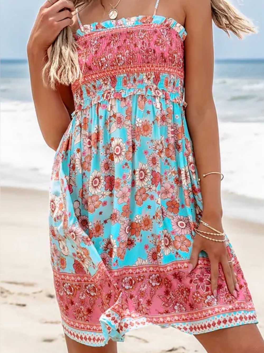New CupShe Pink & Aqua Sleeveless Square Neck Mini Dress. XL